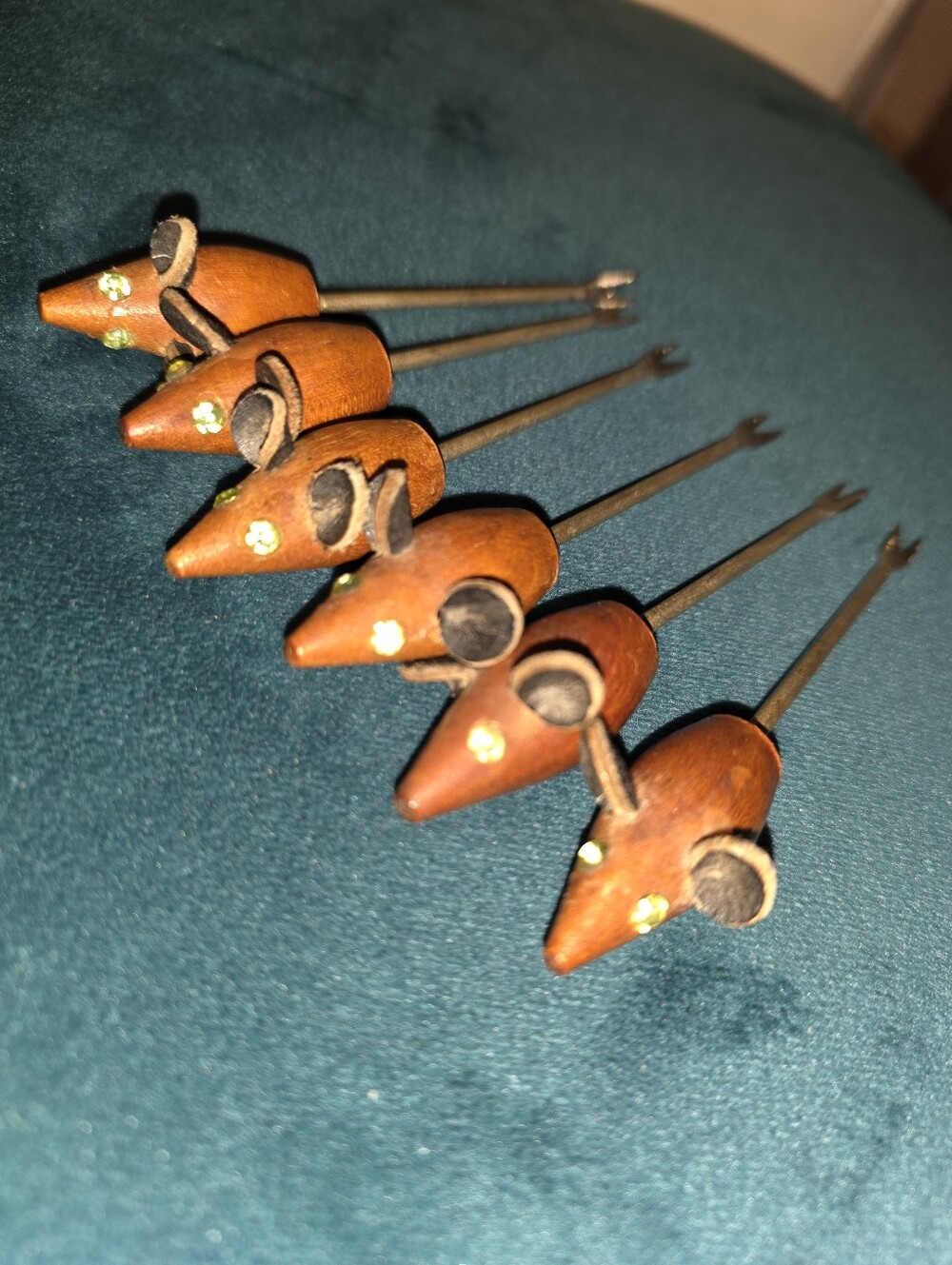 Vintage mid-century wooden mouse cocktail picks (or appetizer/olive picks)